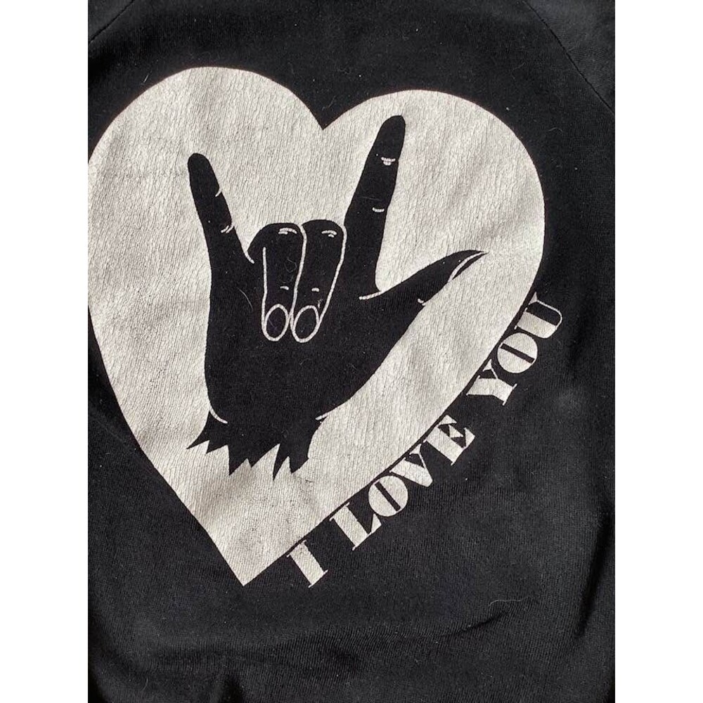American Sign Language ASL Love ILY Black Lg Sweatshirt Deaf Vtg Grudge Heart